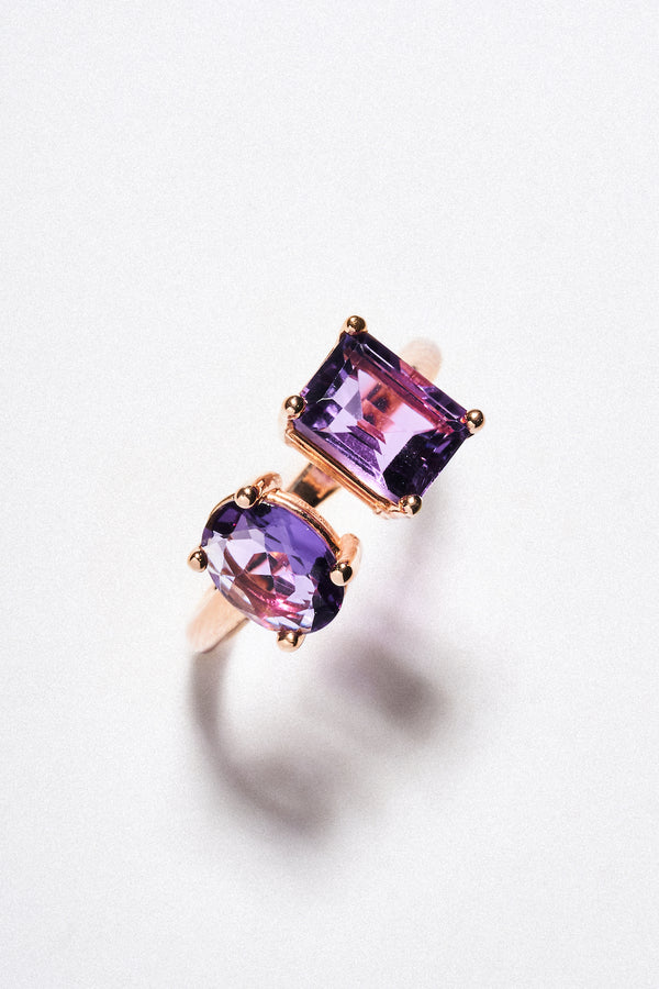 Anillo Amatista Doble Piedra Oro Rosa