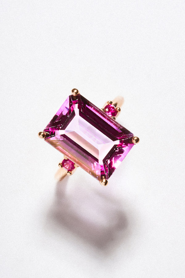 Anillo Turmalina Rosa Corte Esmeralda Con Rubi Oro Rosa