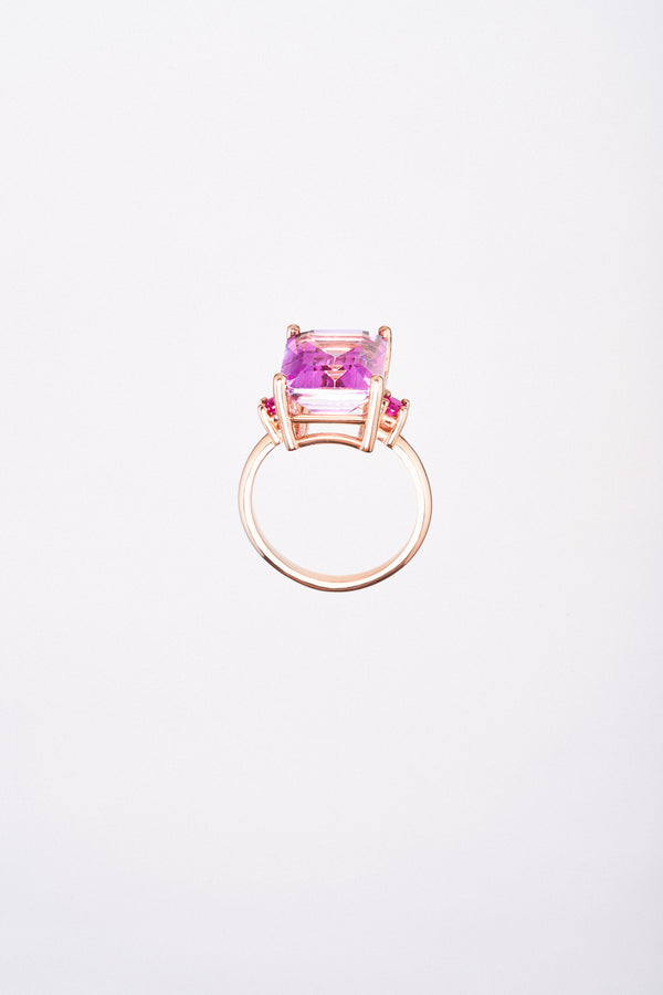 Anillo Turmalina Rosa Corte Esmeralda Con Rubi Oro Rosa